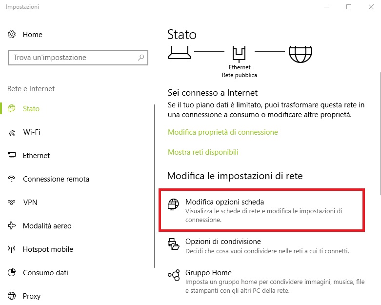 Modifica opzioni scheda Windows 10