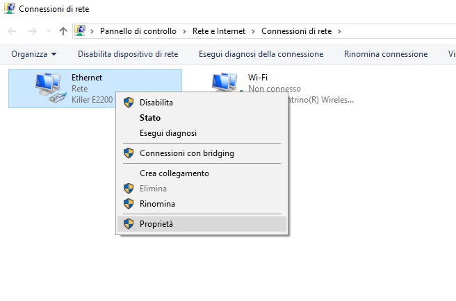 Proprietà connessione di rete Windows 10