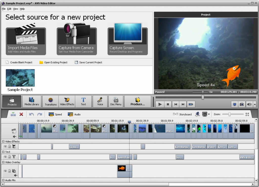 schermata principale avs video editor