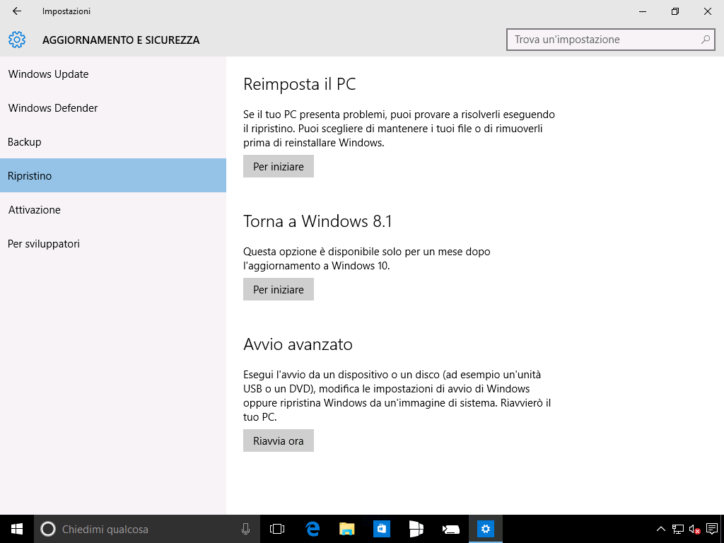 Ripristino Windows 8.1 da Windows 10