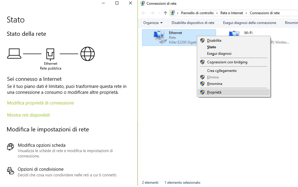 Modifica opzioni scheda Windows 10