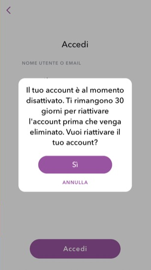 Account Snapchat disattivato