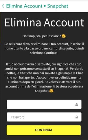 Elimina account Snapchat smartphone
