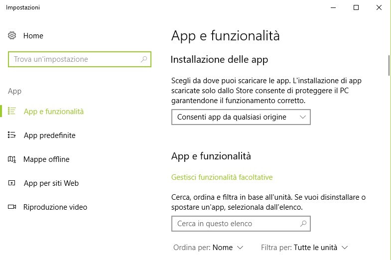 App e funzionalità Windows 10