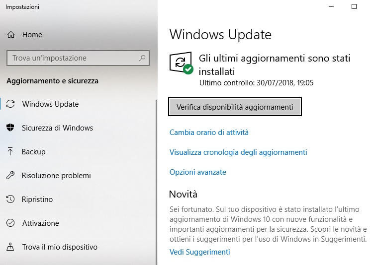 verifica disponibilità aggiornamenti Windows 10
